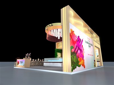 48平米展臺設(shè)計制作：二面開口/前衛(wèi)/木質(zhì)結(jié)構(gòu)/米色，為房產(chǎn)展展商而作（免費(fèi)使用）