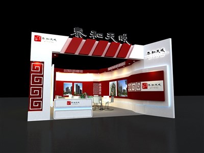 42平米展臺(tái)設(shè)計(jì)制作：二面開(kāi)口/中式/木質(zhì)結(jié)構(gòu)/紅色，為房產(chǎn)展展商而作（免費(fèi)使用）