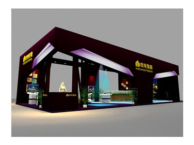 60平米展臺設(shè)計制作：二面開口/前衛(wèi)/型材結(jié)構(gòu)/咖啡色，為房產(chǎn)展展商而作（免費使用）