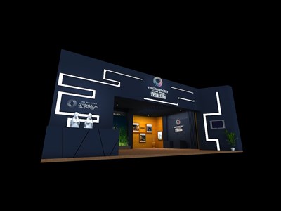90平米展臺設(shè)計(jì)制作：一面開口/現(xiàn)代/型材結(jié)構(gòu)/藍(lán)色，為房產(chǎn)展展商而作（免費(fèi)使用）