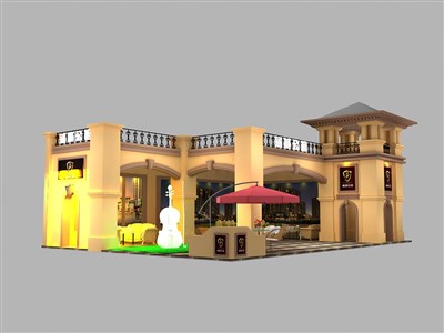 50平米展臺(tái)設(shè)計(jì)制作：二面開口/歐式/木質(zhì)結(jié)構(gòu)/咖啡色，為房產(chǎn)展展商而作（免費(fèi)使用）