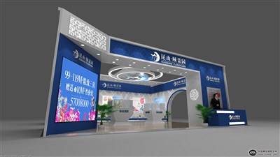 90平米展臺設(shè)計(jì)制作：三面開口/現(xiàn)代/型材結(jié)構(gòu)/彩色，為房產(chǎn)展展商而作（免費(fèi)使用）