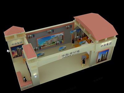 48平米展臺(tái)設(shè)計(jì)制作：二面開(kāi)口/歐式/木質(zhì)結(jié)構(gòu)/米色，為房產(chǎn)展展商而作（免費(fèi)使用）