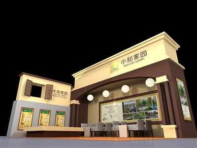 88平米展臺設(shè)計制作：二面開口/歐式/木質(zhì)結(jié)構(gòu)/咖啡色，為房產(chǎn)展展商而作（免費使用）
