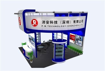 36平米展臺設(shè)計制作：三面開口/現(xiàn)代/型材結(jié)構(gòu)/藍色，為電子展展商而作（免費使用）