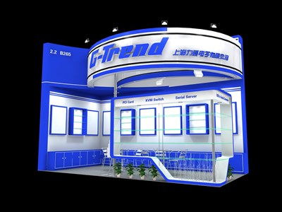 18平米展臺(tái)設(shè)計(jì)制作：二面開口/前衛(wèi)/型材結(jié)構(gòu)/藍(lán)色，為電子展展商而作（免費(fèi)使用）