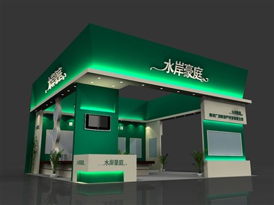 90平米展臺設(shè)計制作：三面開口/前衛(wèi)/型材結(jié)構(gòu)/綠色，為房產(chǎn)展展商而作（免費使用）