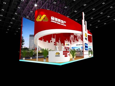 48平米展臺設(shè)計制作：二面開口/前衛(wèi)/木質(zhì)結(jié)構(gòu)/紅色，為房產(chǎn)展展商而作（免費使用）