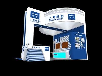 36平米展臺(tái)設(shè)計(jì)制作：三面開(kāi)口/現(xiàn)代/型材結(jié)構(gòu)/藍(lán)色，為電子展展商而作（免費(fèi)使用）