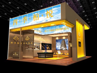 108平米展臺設(shè)計制作：三面開口/現(xiàn)代/木質(zhì)結(jié)構(gòu)/咖啡色，為房產(chǎn)展展商而作（免費使用）