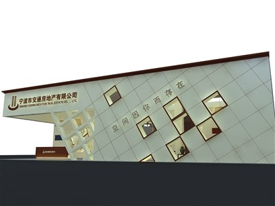 78平米展臺(tái)設(shè)計(jì)制作：二面開(kāi)口/歐式/木質(zhì)結(jié)構(gòu)/米色，為房產(chǎn)展展商而作（免費(fèi)使用）