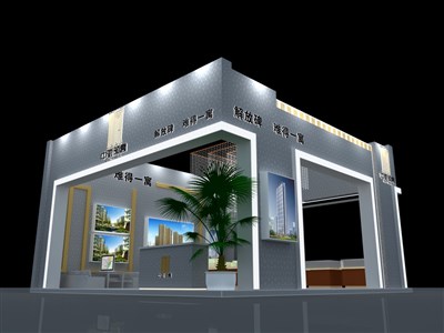 64平米展臺設(shè)計制作：三面開口/前衛(wèi)/木質(zhì)結(jié)構(gòu)/灰色，為房產(chǎn)展展商而作（免費使用）