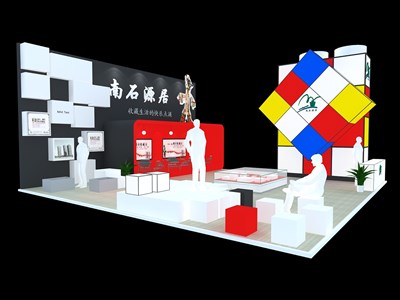 90平米展臺設(shè)計(jì)制作：三面開口/前衛(wèi)/型材結(jié)構(gòu)/彩色，為房產(chǎn)展展商而作（免費(fèi)使用）
