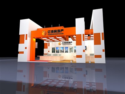 60平米展臺設(shè)計制作：三面開口/現(xiàn)代/木質(zhì)結(jié)構(gòu)/橙色，為房產(chǎn)展展商而作（免費使用）