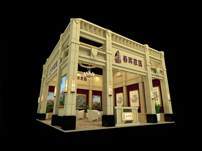 110平米展臺(tái)設(shè)計(jì)制作：二面開口/歐式/木質(zhì)結(jié)構(gòu)/米色，為房產(chǎn)展展商而作（免費(fèi)使用）