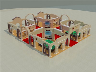 441平米展臺設(shè)計制作：四面開口/歐式/木質(zhì)結(jié)構(gòu)/咖啡色，為房產(chǎn)展展商而作（免費使用）