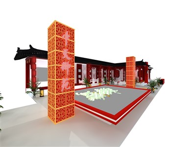 189平米展臺(tái)設(shè)計(jì)制作：四面開(kāi)口/中式/木質(zhì)結(jié)構(gòu)/紅色，為房產(chǎn)展展商而作（免費(fèi)使用）
