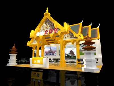 54平米展臺設(shè)計(jì)制作：三面開口/現(xiàn)代/木質(zhì)結(jié)構(gòu)/黃色，為旅游展展商而作（免費(fèi)使用）