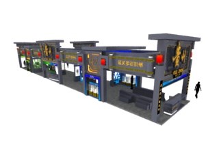 216平米展臺設(shè)計制作：四面開口/中式/木質(zhì)結(jié)構(gòu)/灰色，為旅游展展商而作（免費使用）