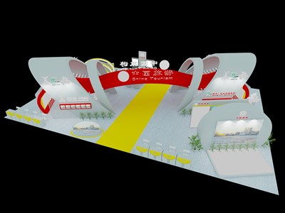 345平米展臺設(shè)計制作：四面開口/現(xiàn)代/木質(zhì)結(jié)構(gòu)/白色，為旅游展展商而作（免費(fèi)使用）
