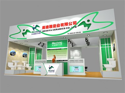 54平米展臺設(shè)計制作：二面開口/現(xiàn)代/木質(zhì)結(jié)構(gòu)/綠色，為建材展展商而作（免費使用）