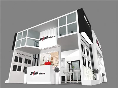42平米展臺設計制作：二面開口/現(xiàn)代/型材結(jié)構(gòu)/白色，為建材展展商而作（免費使用）