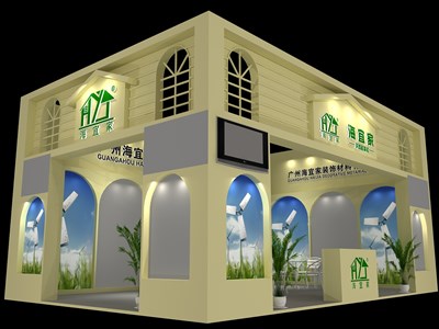54平米展臺(tái)設(shè)計(jì)制作：二面開口/歐式/木質(zhì)結(jié)構(gòu)/米色，為建材展展商而作（免費(fèi)使用）