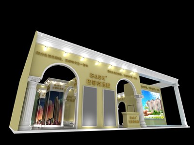 160.5平米展臺(tái)設(shè)計(jì)制作：二面開口/歐式/木質(zhì)結(jié)構(gòu)/米色，為建材展展商而作（免費(fèi)使用）