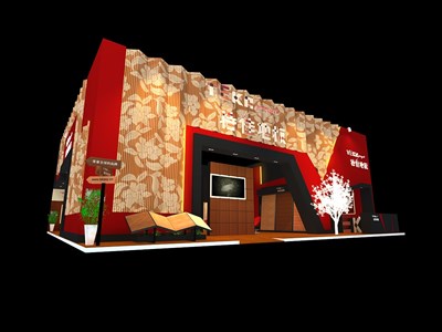 240平米展臺設計制作：三面開口/現(xiàn)代/木質(zhì)結(jié)構(gòu)/紅色，為建材展展商而作（免費使用）