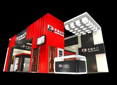72平米展臺(tái)設(shè)計(jì)制作：二面開口/現(xiàn)代/木質(zhì)結(jié)構(gòu)/紅色，為建材展展商而作（免費(fèi)使用）