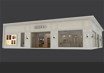 341.2平米展臺設(shè)計(jì)制作：二面開口/歐式/木質(zhì)結(jié)構(gòu)/米色，為建材展展商而作（免費(fèi)使用）