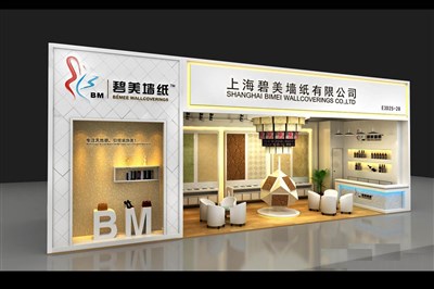 48平米展臺(tái)設(shè)計(jì)制作：一面開口/歐式/木質(zhì)結(jié)構(gòu)/米色，為建材展展商而作（免費(fèi)使用）