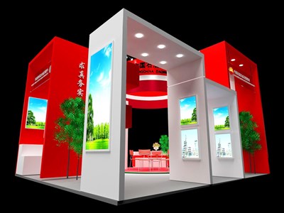 36平米展臺設計制作：三面開口/現(xiàn)代/木質(zhì)結構/紅色，為綜合展展商而作（免費使用）