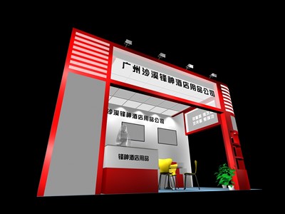 18平米展臺設計制作：二面開口/現(xiàn)代/木質(zhì)結構/紅色，為綜合展展商而作（免費使用）