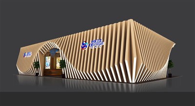 360平米展臺設(shè)計(jì)制作：三面開口/前衛(wèi)/木質(zhì)結(jié)構(gòu)/米色，為建材展展商而作（免費(fèi)使用）