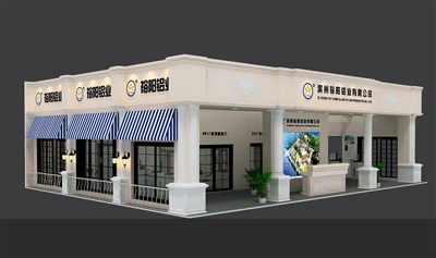 192平米展臺設(shè)計(jì)制作：一面開口/歐式/木質(zhì)結(jié)構(gòu)/米色，為建材展展商而作（免費(fèi)使用）