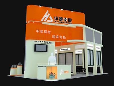 54平米展臺設計制作：三面開口/現(xiàn)代/木質(zhì)結構/橙色，為建材展展商而作（免費使用）