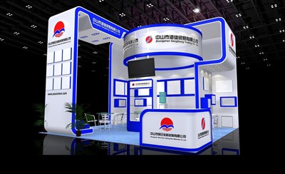 36平米展臺設(shè)計(jì)制作：三面開口/現(xiàn)代/木質(zhì)結(jié)構(gòu)/藍(lán)色，為建材展展商而作（免費(fèi)使用）