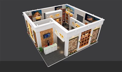 100平米展臺設(shè)計(jì)制作：二面開口/現(xiàn)代/木質(zhì)結(jié)構(gòu)/米色，為建材展展商而作（免費(fèi)使用）