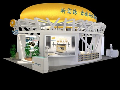 108平米展臺(tái)設(shè)計(jì)制作：三面開口/現(xiàn)代/木質(zhì)結(jié)構(gòu)/黃色，為綜合展展商而作（免費(fèi)使用）