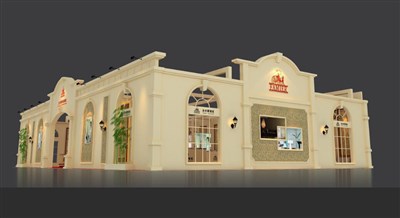 360平米展臺設(shè)計(jì)制作：三面開口/歐式/木質(zhì)結(jié)構(gòu)/米色，為建材展展商而作（免費(fèi)使用）