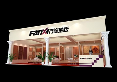72平米展臺(tái)設(shè)計(jì)制作：一面開口/歐式/木質(zhì)結(jié)構(gòu)/米色，為建材展展商而作（免費(fèi)使用）