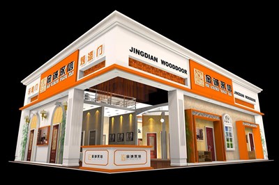 192平米展臺設(shè)計(jì)制作：二面開口/現(xiàn)代/木質(zhì)結(jié)構(gòu)/橙色，為建材展展商而作（免費(fèi)使用）