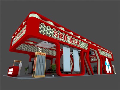 200平米展臺設(shè)計制作：四面開口/現(xiàn)代/木質(zhì)結(jié)構(gòu)/紅色，為建材展展商而作（免費使用）