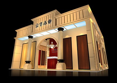 64平米展臺(tái)設(shè)計(jì)制作：一面開口/歐式/木質(zhì)結(jié)構(gòu)/米色，為建材展展商而作（免費(fèi)使用）