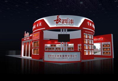 162平米展臺設計制作：三面開口/現(xiàn)代/木質(zhì)結(jié)構(gòu)/紅色，為建材展展商而作（免費使用）