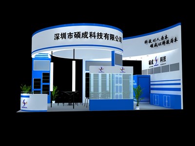 54平米展臺設(shè)計制作：三面開口/現(xiàn)代/木質(zhì)結(jié)構(gòu)/藍(lán)色，為建材展展商而作（免費使用）