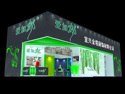 90平米展臺設計制作：二面開口/現(xiàn)代/木質(zhì)結(jié)構(gòu)/灰色，為建材展展商而作（免費使用）