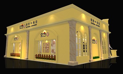 121平米展臺設計制作：二面開口/歐式/木質(zhì)結(jié)構(gòu)/黃色，為建材展展商而作（免費使用）
