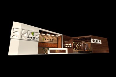 225平米展臺設計制作：二面開口/現代/木質結構/咖啡色，為建材展展商而作（免費使用）
